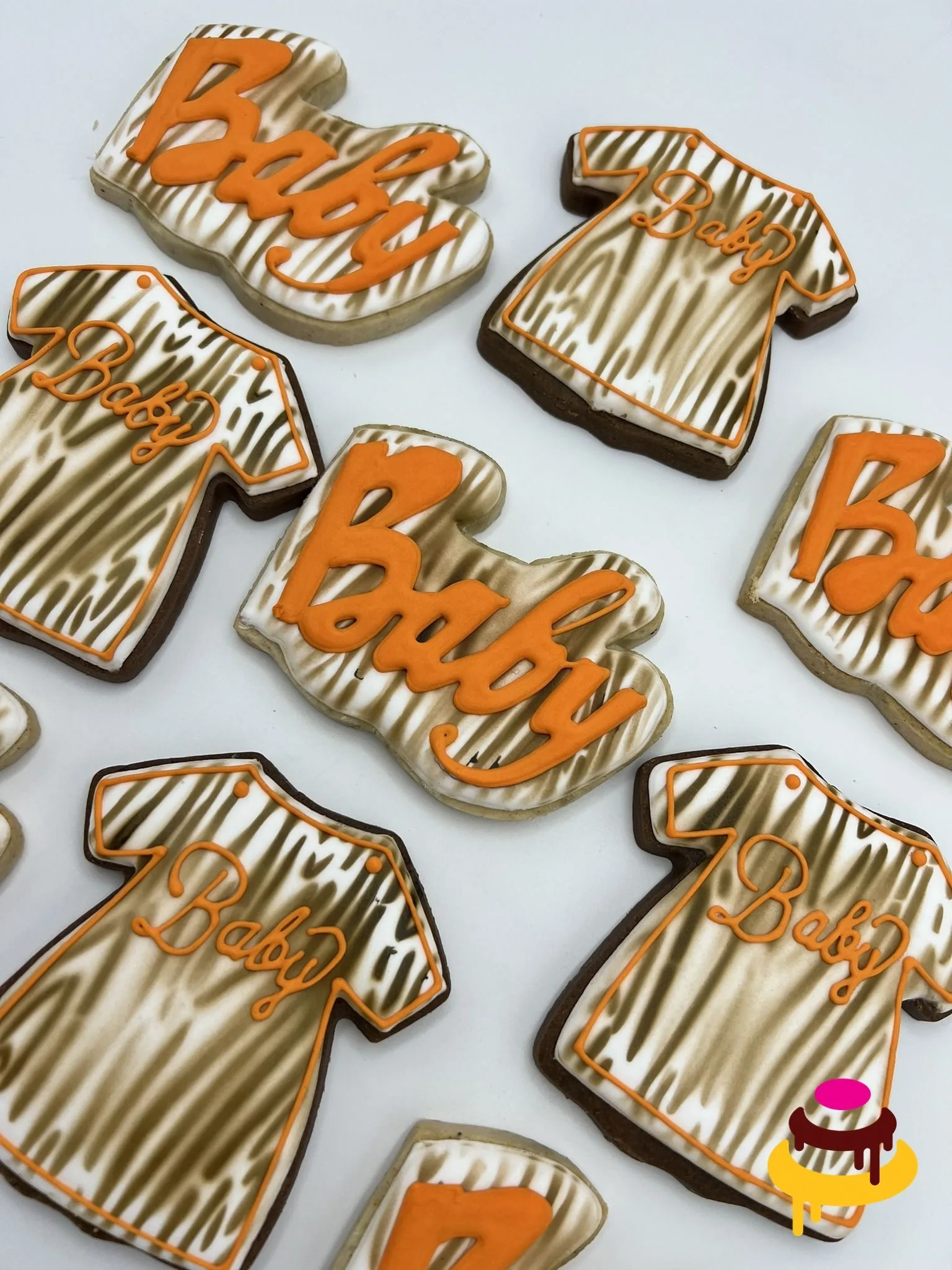 Custom hand-piped wood grain baby shower cookies Bay Area bakery